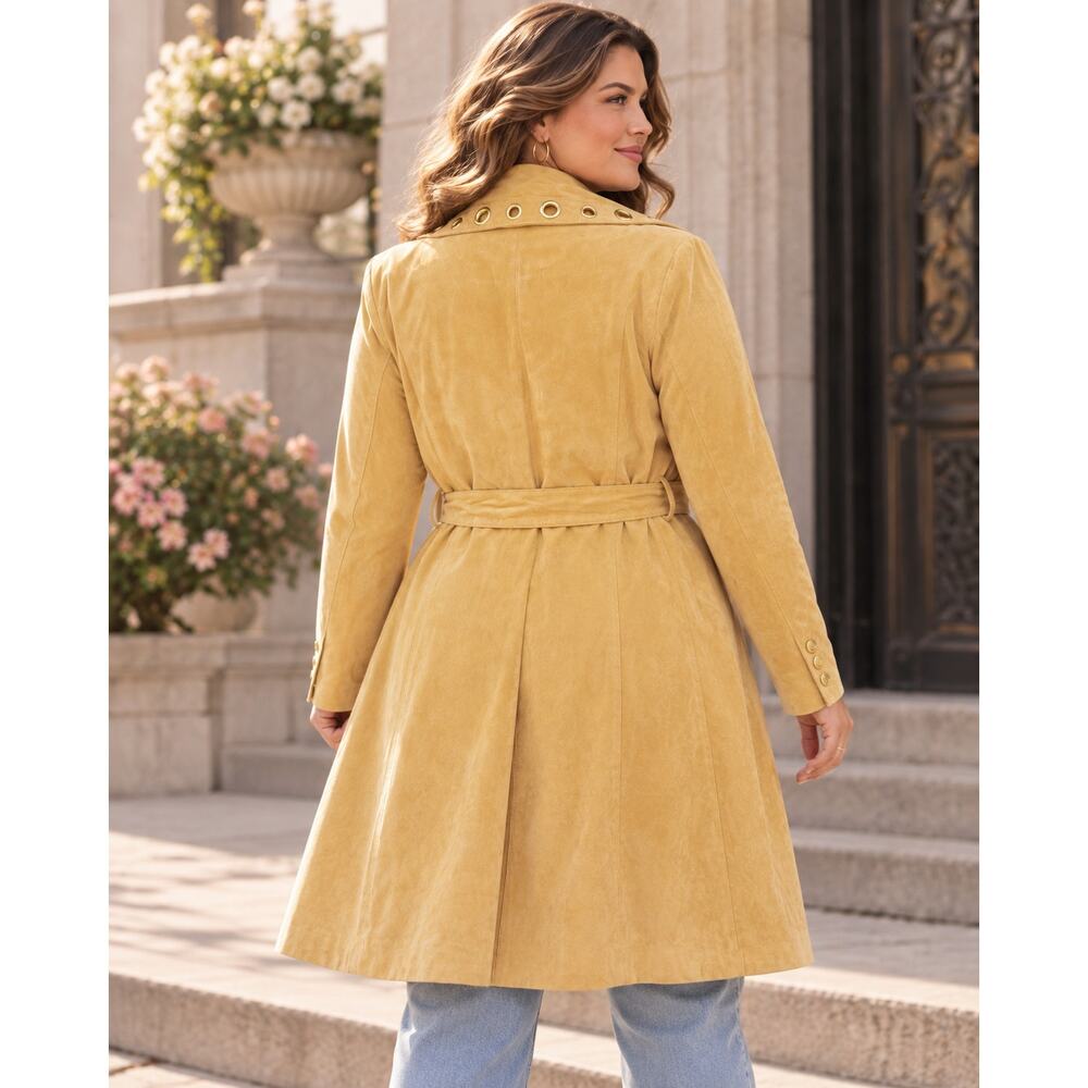 Y2K Bradley Bayou Butter Yellow-Tan Suede Trench Coat Floral Lined - XL - Picture 2 of 10